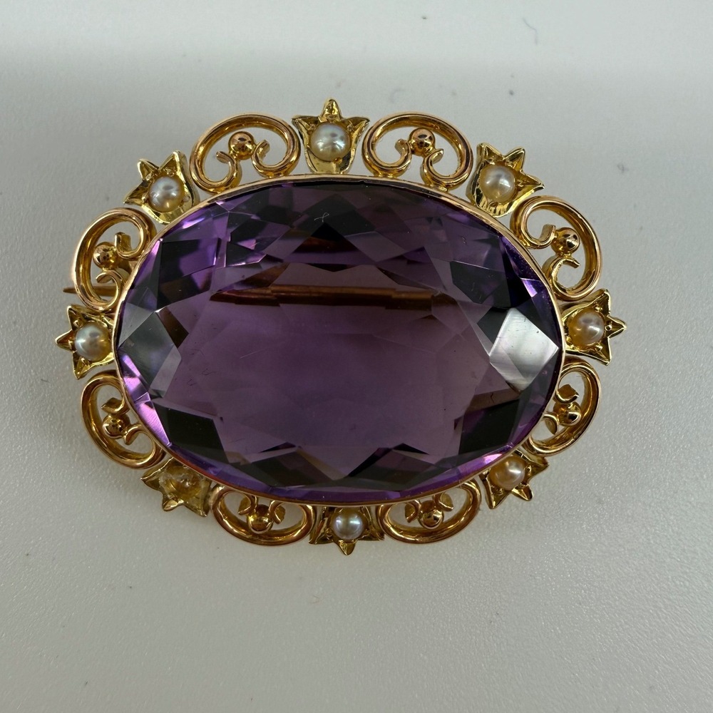 Antique 15ct Gold Amethyst and Seed Pearl Filigree Victorian Brooch Pin
